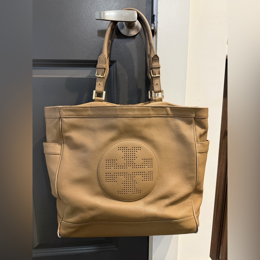Tory Burch Perforated Logo Leather Tote in Tan